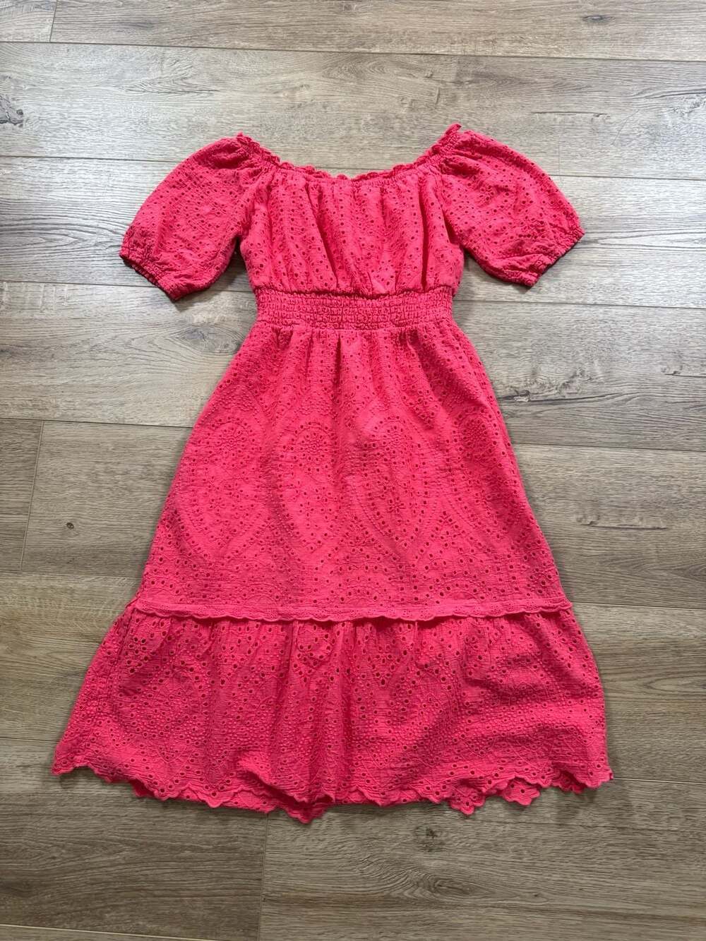 Betsey Johnson Paradise Pink Eyelet Off Shoulder Midi Dress Large Cottagecore - Picture 14 of 16